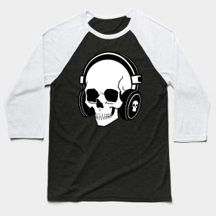 Skull With Headphones, Black and White | Listening Music Baseball T-Shirt